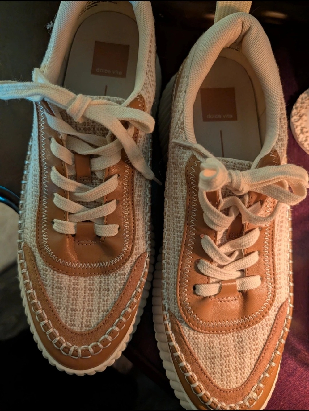 Dolce Vita Cream & Tan Knit Lace-Up Sneakers